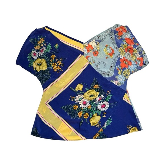 Odille Anthropologie 100% Silk Rare Blue + Yellow Floral Patchwork Blouse-Size 6 - Picture 5 of 7